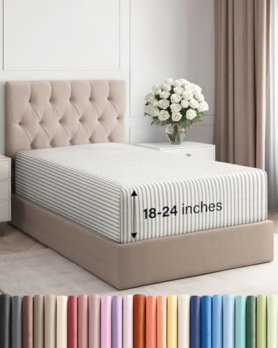 Image of Extra Deep Twin Fitted Sheet - Single Fitted Sheet Only - Beige Stripes | Easily Fits 18 inch to 24 inch Mattress, Soft, Wrinkle Free, Breathable & Comfy, Extra Deep Pockets Hotel Luxury Fitted Sheet