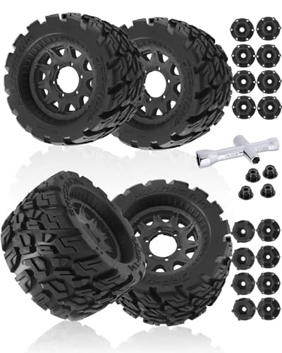 RCHuiWow RC Tires for 1/10 Stampede Rustler Hoss,1/10 Arrma Granite Vorteks Big Rock,1/10 Axial Losi Redcat Rc4wd,12mm/14mm Hex Rc Truck Wheel and Tires,4Pack(Black)