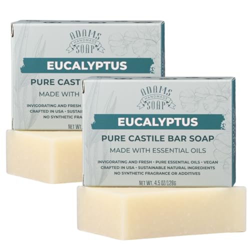 Adams Handmade Soap Eucalyptus Pure Castile Bar Soap 4.5 oz | Vegan Cold Process Essential Oils 84% Organic Fair Trade No Additives USA Made