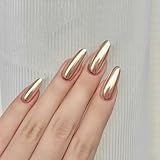 Gold Press on Nails Medium Almond Fake Nails Chrome Metallic False Nails Press ons Christmas Acrylic Glue on Nails Cute Artificial Stick on Nail for Women Manicure 24Pcs