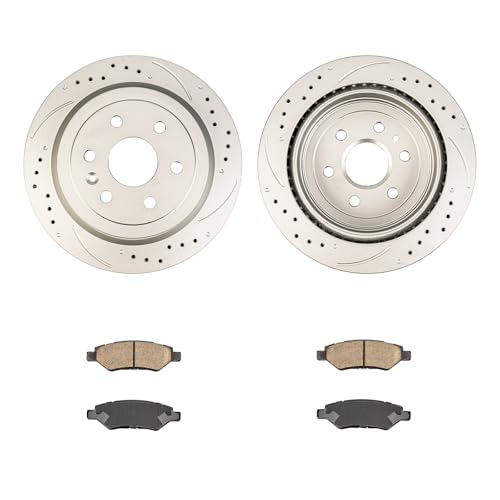 Image of KAX Rear Brake Kit Fits Cadillac SRX 2010-2016, Saab 9-4X 2011 | 12.41in Drilled and Slotted Brake Rotors, Ceramic Brake Pads
