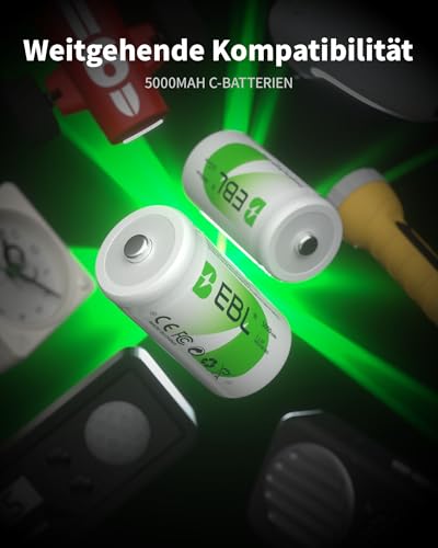 EBL Baby C Akku 5000mAh - NI-MH wiederaufladbare Batterie 4er Pack mit Aufbewahrungsbox, 1,2V Typ C Akku