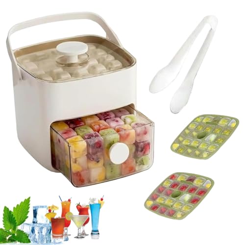 Image of 48 Cube Ice Maker With Easy Press Lid, Upgrade Handled Press-Type Ice Cube Mold Maker, Double Layer Portable Ice Cube Maker with Storage Box, for DIY Whiskey, Cocktail, Coffee, Beverages (White)