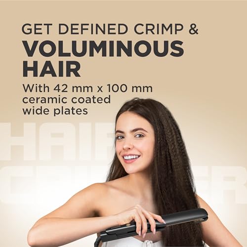 Image of Havells HS4501 Hair Crimper | Ceramic Coated Wide Plates| Fast Heat Up|LED Power Indicator|Easy Plate Lock System|Salon-like Voluminous Styling (Black)