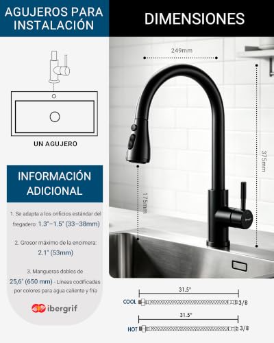 Miniatura 8 de Ibergrif M22136b Grifo Cocina Extraible, Mezclador De Fregadero Con 3 Modos, Rotación De 360 Grados, Cold Start, Ahorro De Energía, Latón, Negro