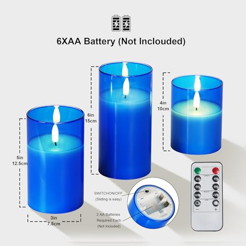 Image of Amagic Blue Glass Flameless Candles with Remote, Battery Operated Candles, Real Wax LED Candles with Timer, Flickering Fake Pillar Candle for Theme Party, Hanukkah Holiday Decor, 3D Wick, Set of 3