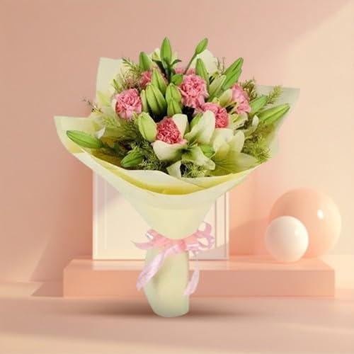 FLORANET Stunning Bouquet of 9 White Lilies N 20 Pink Carnations Wrapped with tissue & tied with bow, perfect for Anniversary, Birthday, Wedding, Congratulations, Mother’s Day (Same Day Delivery)-image-2