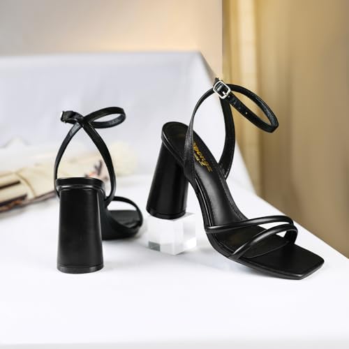 Ribongz Black Block Heeled Sandals For Women Chunky Prom Heels Square Open Toe Strappy High Heels Ankle Strap Wedding Bridal Shoes High Heel Sandals For Party Dress 7.5 thumb #3