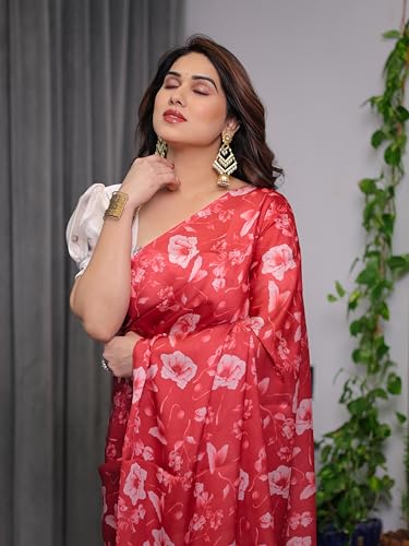 Image of ALMAARI FASHION Satin Georgette Floral Printed Saree with Blouse, 5.5 Meter Saree with 0.8 Meter Blouse, Traditional (SG 106 SH)