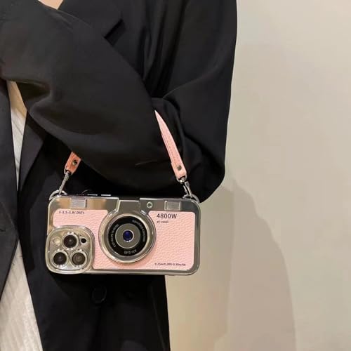 Étui en cuir PU rose avec bracelet et bandoulière pour iPhone 13