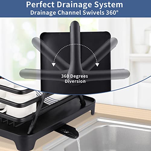 [Upgraded] Aluminum Dish Drying Rack, Rottogoon Rustproof Dish Rack And Drainboard Set With Drainage, Utensil Holder, Cup Holder, Compact Dish Drainer For Kitchen Counter Cabinet, 16.9" X 12.2", Black #TOP2