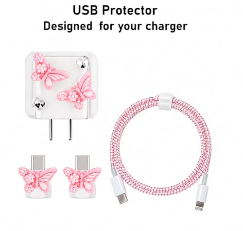 Image of Compatible with iPhone Cute Cat Charger Case Cover | Cartoon Character Silicone Charger Case Cover for 18-20W 360 Degree Full Protection Cover (Pink Butterfly)