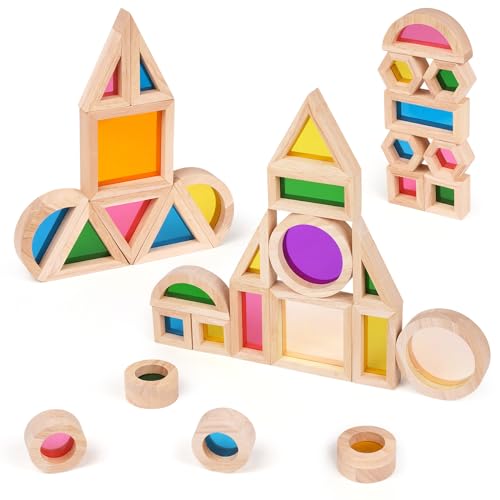 Agirlgle Wooden Rainbow Building Blocks for Kids 32 Pcs Rainbow Stacker Stacking Blocks Game Colorful Construction Toys Preschool Learning Educational Toys -Geometry Wooden Blocks for Boys & Girls - Image 5