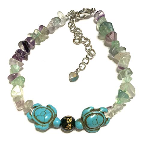 Nove Jewelry Leather Agate Stone Beads Bracelets - Sea Turtle Handmade Bracelet - Adjustable Cord (Colored Fluorite)