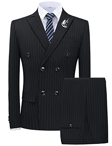 Wangyue Double Breasted Pinstripe Men Suits 2 Piece Black