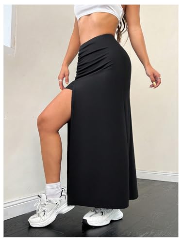 SOLY HUX Women's High Waisted Split Skirt Ruched Bodycon Casual Going Out Long Skirts4