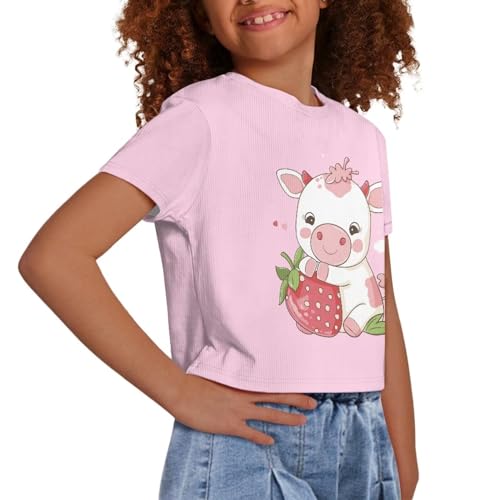 Image of Girls Summer Crop Top Outfits Short Sleeve T Shirts Kids Cute Clothes Tees Blouse