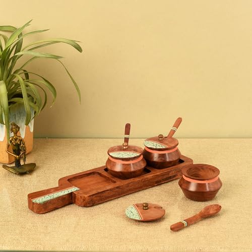 Image of AAKRITI ART CREATIONS Rustic Charm Wooden Pickle Organizer | Handcrafted Abstract Art Storage Handi | Kitchen Decoration Items Stylish Tray & Handi | Kitchen Handi with Wooden Tray