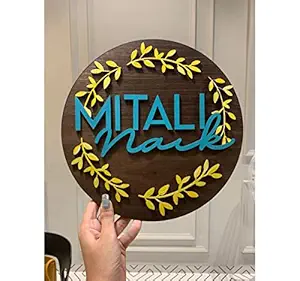 HappyEveryday Veneer's Floral Wreath Customized Nameplate (Yellow and Turquoise, Round, 12 * 12 Inch)