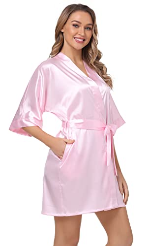 The Bund Womens Pure Colour Short Kimono Robes With Oblique V-Neck Lightpink Medium #TOP2