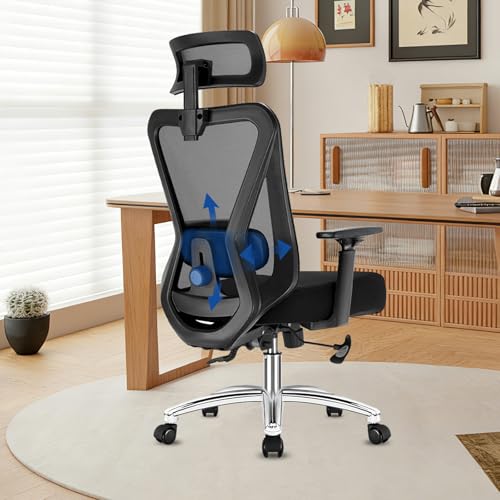 Durrafy Bürostuhl Ergonomisch, Schreibtischstuhl mit 3-stufiger Neigungsarretierung, Verstellbarer Kopfstütze, Armlehnen & Lendenstütze, Chefsessel Belastbar bis 150KG, Drehstuhl für Büro & Homeoffice