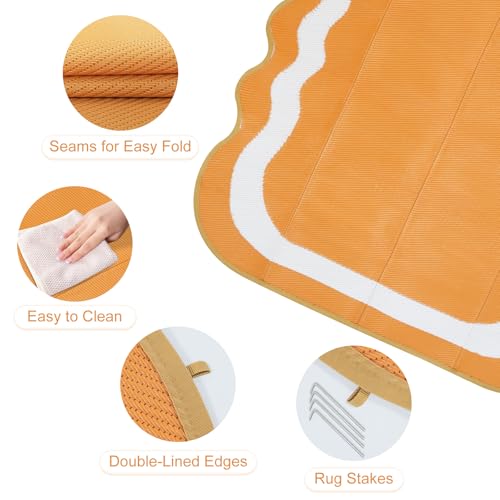 Uphome Outdoor Rug Waterproof 6x9, Reversible Orange Scalloped Patio Plastic Straw Rugs, Foldable Modern RV Camping Outside Carpet Mat for Pool Back Yard Deck Picnic, 6 x 9 ft - Image 2