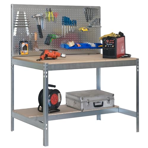 Simon Rack Banco da lavoro per officina, capacità di carico 600 kg, 1445x1210x610 mm, Pannello Forato, Tavolo da lavoro fai da te, Zincato/Legno - BT2