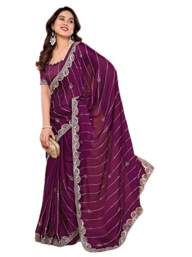 Image of Womens Crunchy Saree With Stone And Zari Work And Scalloped Cut Work On The Border With Blouse 5.5 Meter Saree 0.8 Meter Unstitched Blouse Piece