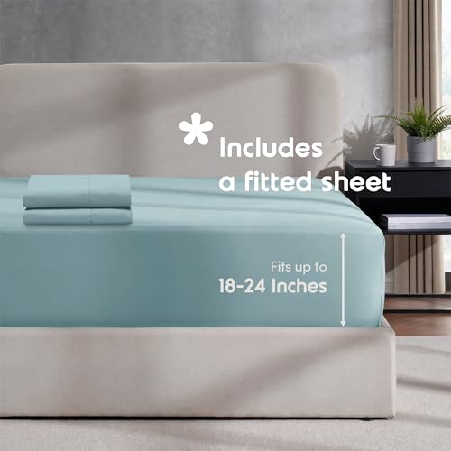 Image of Hearth & Harbor Light Blue Duvet Cover with Fitted Sheet Full Size | 4 Piece Soft Double Brushed Bedding Set, Button Closure, 1 Duvet Cover 80x90 Inches, 1 Fitted Sheet, 2 Pillow Shams