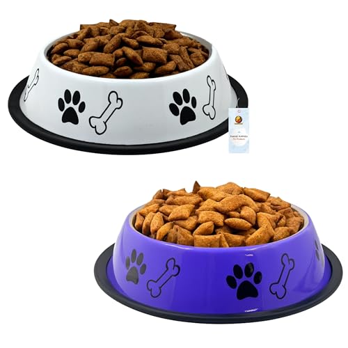 Image of Foodie Puppies Stainless Steel Dog Bowl Combo - (Medium, 700ml) Food and Water Feeding Gift Bowl | Suitable for Dogs, Cats and Other Pets I Paw Bone Print, Anti-Skid Rubber Base (Purple + White)