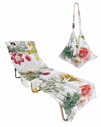 Spring Floral Beach Lounge Chair Towel Cover, Soft Chaise Lounge Towel with Side Pockets Patio Pool Chairs Cover for Beach/Pool Sunbathing 29x85 Modern Newspaper Retro Flower Watercolor