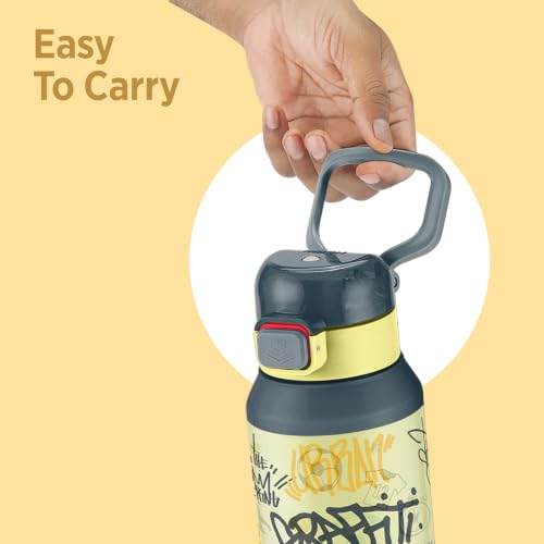 Image of Milton Steel Helio 900 Thermoware Water Bottle 600 ml with One Touch Safety Lock & Twin Lid Sip or Gulp, Long Hours Hot & Cold, Leak Proof, ISI Certified, PU Insulated, for Kids, School, Dark Grey
