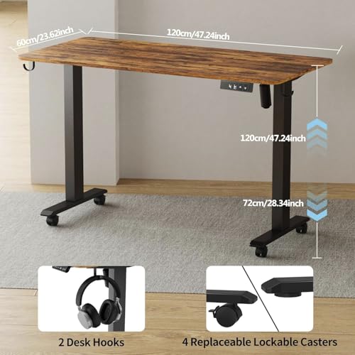 Standing Desk 47 x 24 inch, Electric Height Adjustable with Splice Board, Stand Up Desk, for Home Office, Black Frame/Rustic Brown Top