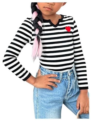 SweatyRocks Girl's Striped Long Sleeve T Shirt Heart Print Embroidery Notched Neck Casual Tee Tops