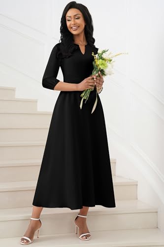 Image of FANDEE Maxi Dress for Women Casual 3 /4 Sleeve V Neck Semi Formal Fit and Flare Dress Classy High Waist Wedding Guest Dresses