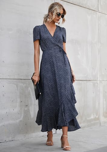 PRETTYGARDEN Women's Summer Maxi Dress Casual Wrap Floral Boho Short Sleeve V Neck Split Ruffle Beach Long Dresses