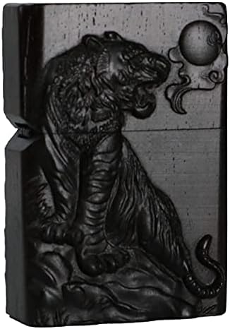 Natural Ebony Black Wood Carved Lighter Shell Box For Zippo Module (Guan Gong Yu Warrior Dragon)