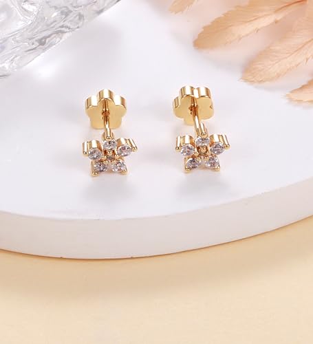 Flat Back Stud Earrings for Girls Women 14K Gold Plated Cartilage Stud Earrings 20G Hypoallergenic Surgical Steel Gold Flower Screw Back Nap Earrings Studs4