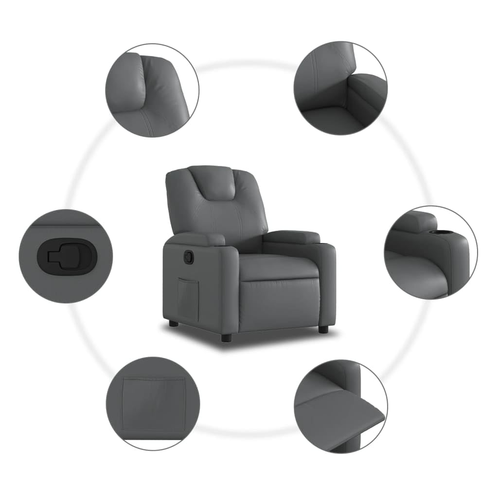 Fotel relaksacyjny, szary, sztuczna skóra z regulowanym oparciem i podnóżkiem, ergonomiczny fotel wypoczynkowy z drewnianą metalową ramą, tapicerowany, do salonu, biura, relaksu i czytania