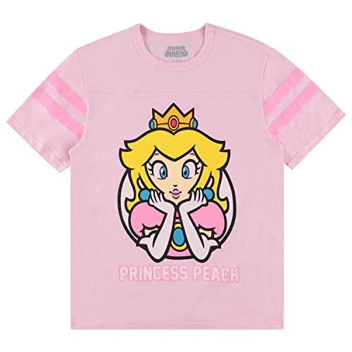 Nintendo Ladies Princess Peach Shirt - Mario, Zelda, Kirby, Princess Peach and Donkey Kong Varsity Stripe Sleeve Athletic Tee (Light Pink, Small)