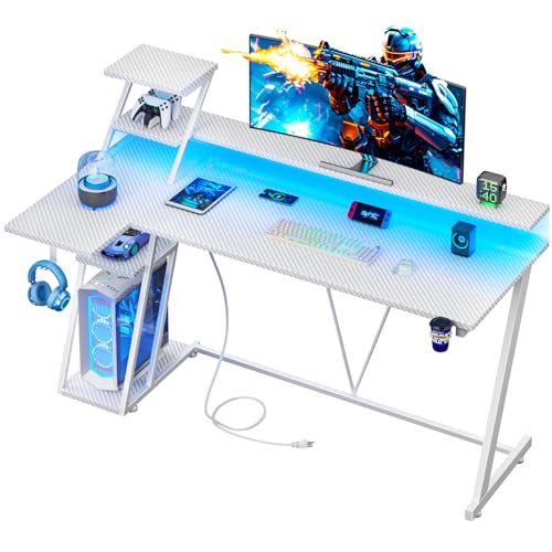 Image of Korfile 55 Inch White Gaming Desk with LED Lights & Power Outlet, Gaming Computer Desk with Storage Shelves, L Shaped Gamer Workstations with Monitor Stand for Bedroom
