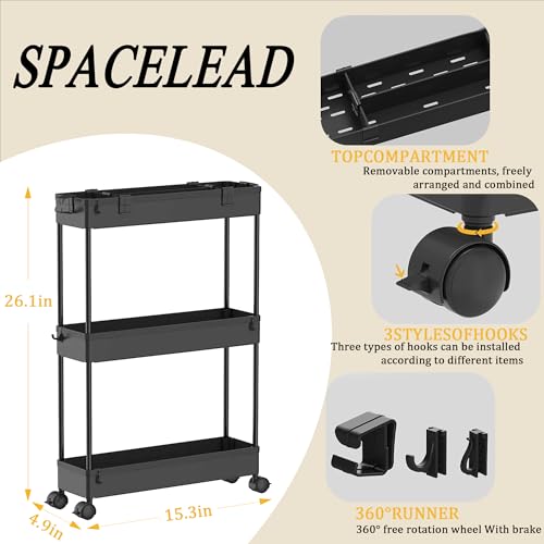 Image of SPACELEAD Slim Storage Cart 3 Tier,Bathroom Organizer Rolling Utility,Mobile Shelving Unit Slide Out for Office, Kitchen, Laundry Room & Narrow Places,Black