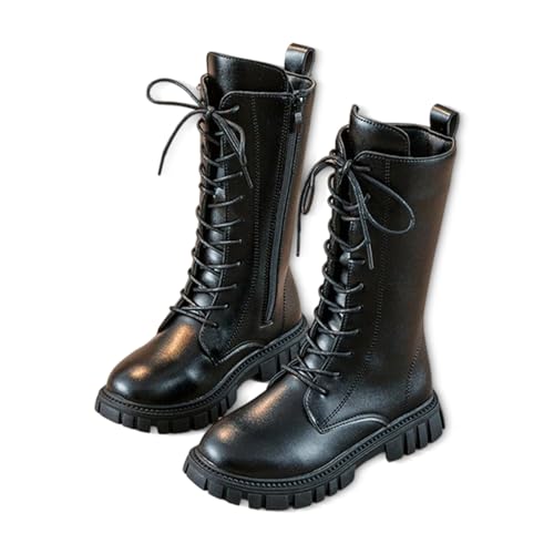 Girls' Boots,Girls Lace Up Riding Boots Mid Calf Combat Boot, Fashion Waterproof Pu Leather Side Zipper Punk Goth Boot