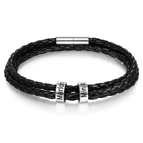 Jewelora Pulsera de cuero personalizada para hombre, pulsera de cuerda trenzada con cuentas de 2-5 nombres con nombres de familia para padres, amigos en el aniversario del día del padre (#4-Black) Cover