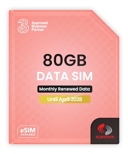 Three 80GB Data SIM Card for Portable WiFi Routers & Phones Preloaded Monthly Until April 2028 Dual Network (Three & Vodafone) Stronger Coverage