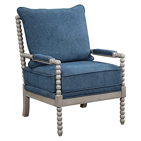 OSP Home Furnishings Abbott Spindle Accent Chair with Padded Spring Seat and Brushed Grey Base, Azure Blue Fabric Cover