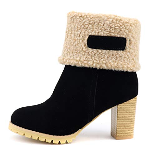 MIOKE Women's Winter Fur Ankle Boots Suede Round Toe Platform Chunky Block High Heel Warm Snow Short Booties3