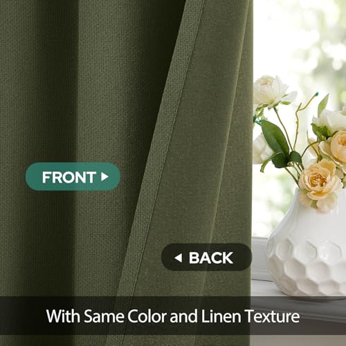 Image of HOMEIDEAS 100% Blackout Olive Green Linen Curtains 52W x 96L 2 Panels