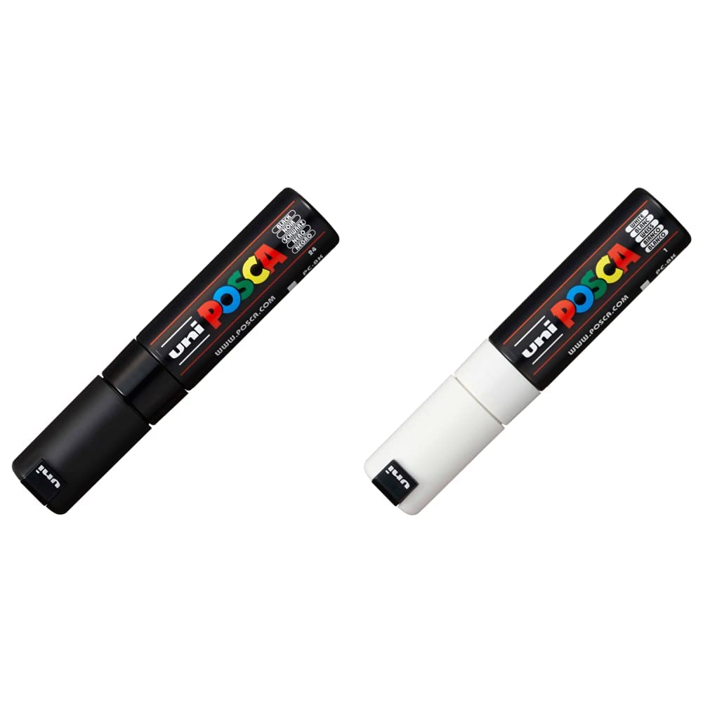 Uni-Ball 720357 - Marcador de pintura, punta biselada 8 mm, color negro + Posca - Rotulador permanente, blanco