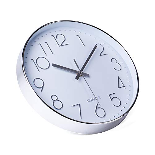 Image of jomparis Modern 12 inch Battery Operated Silent & Non-Ticking Wall Clock Digital Quiet Sweep Office Decor Clocks,Plastic Frame Glass Cover (Silver,Arabic Numeral)